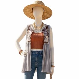 Embroidered Folk Art Vest Striped Boho Coastal Grandmother Tassel Kimono NWT
